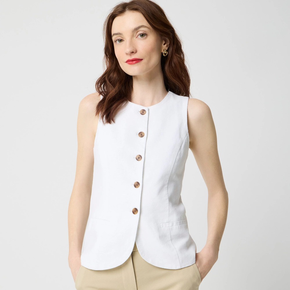 J.Crew Sleeveless Linen-Blend Button-Front Vest Top White Size 2